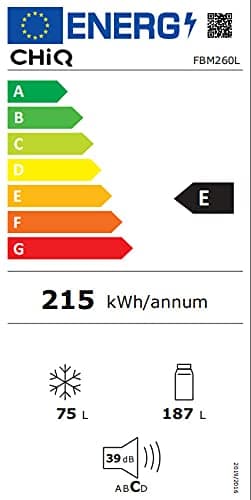 CHIQ Réfrigérateur congélateur bas FBM260L 262L (187+75), Low frost, Acier inoxydable, Portes réversibles, 39 db, 12 ans de garantie sur le compresseur
