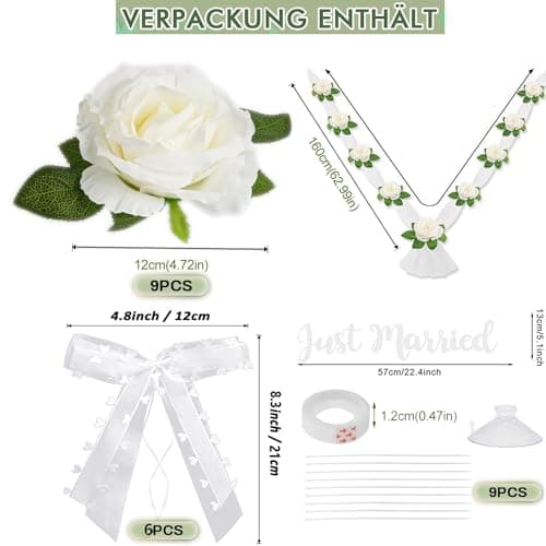 Kit de Décoration de Mariage pour Voiture - 9 Roses, 2 Gaze Blanche, 6 Nœuds avec Guirlande Florale et Autocollant Just Married