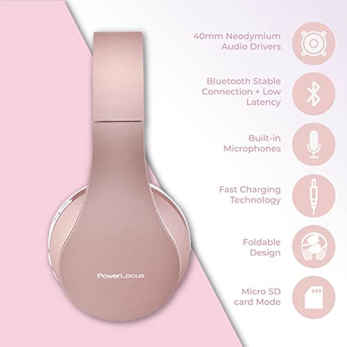 PowerLocus Casque Bluetooth sans Fil - Casque sans Fil avec Micro intégré - Hi-FI Stereo – Micro SD/TF, FM Radio – Casque Pliables – pour iPhone/Android/iPad/Ordinateurs Portables (Or Rose)
