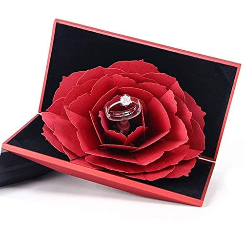 Boîte de Bague de Fiançailles Fleur Rose Boîte à Bagues 3D Pop Up Rose Fiançailles Ringbox pour Mariage Bague de Fiançailles Saint Valentin Anniversaire Proposition de Mariage, 13*7,4*2,6 cm, Rouge