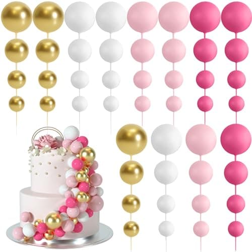 BOUBONI 48 Pièces Boules de Décoration de Gâteau Décorations de Cupcake en Ballon Boules pour Fête d'anniversaire Décoration de Gâteau d'Anniversaire(Rose Rouge, Rose, Blanc, Or)