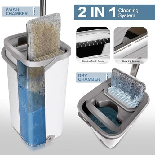 Masthome Balai Magique et Seau Essoreur, Balai Microfibre Plat avec Manche en INOX 140cm, Vadrouille de Mains Libre avec 10 Serpillères Réutilisables, pour sols Bois, Stratifiés, Carrelage et Marbre