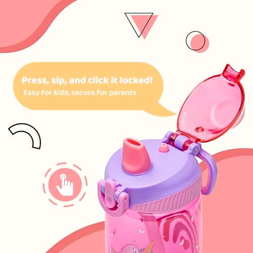 bzyoo Bouteille d'eau pour enfants 473,6 g – Étanche et facile à ouvrir ! Rose avec motifs de licorne mignons. Dispose d'une poignée et d'une fermeture sécurisée. Comprend une paille pratique pour une