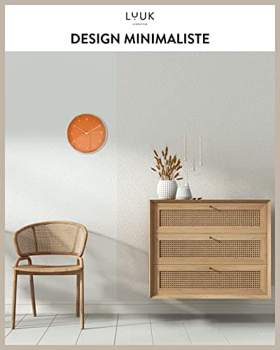 LUUK LIFESTYLE Horloge Murale en Quartz avec mécanisme Silencieux, Design Simple, pour Bureau, Cuisine, Salle de Bain, Cadeau de déménagement, 24 cm en Orange et Argent