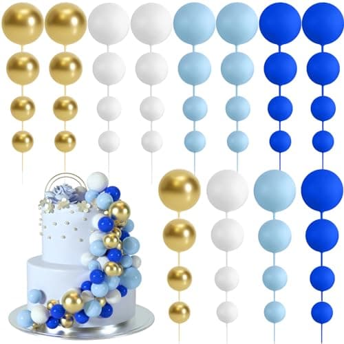 BOUBONI 48 Pièces Boules de Décoration de Gâteau Décorations de Cupcake en Ballon Boules de Gâteau pour Fête d'anniversaire Décoration de Gâteau (Bleu Roi, Bleu Clair, Blanc, Or)