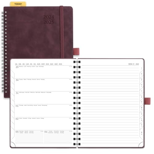 POPRUN Agenda 2025 Semainier D'août 2024 à déc 2025 Scolaire - Couverture Souple à Spirale, Onglets Mensuels, Papier 80 g/m2, Boucle de Stylo Autocollante - Format 22 x 16,5 cm, Bordeaux