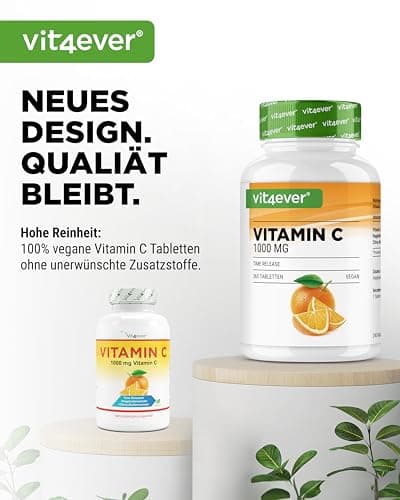 Vitamine C 1000mg - 365 comprimés par an - Effet à libération prolongée - Testé en laboratoire - Vitamine C + Extrait d'églantier + Bioflavonoïdes d'agrumes - Végétalien - Fortement dosé
