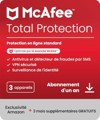 McAfee Total Protection 2024 Exclusivité Amazon, 3 appareils|Antivirus, VPN, gestion des mots de passe, sécurité mobile et Internet|PC/Mac/iOS/Android|Abonnement 15 mois|Code d'activation par email