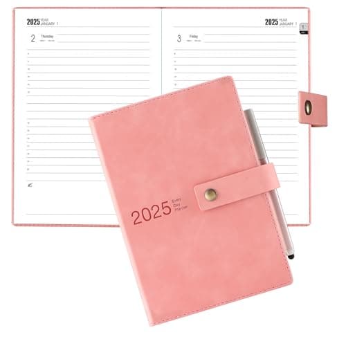 Agenda académique journalier 2025 de janvier 2025 à décembre 2025 avec couverture rigide et stylo, marque-page, onglets mensuels, autocollants et poche intérieure (rose) Format A5
