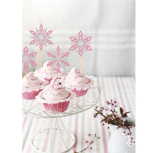 24 pièces Anniversaire Flocon de Neige Cupcake Toppers, Scintillantes Decoration Gâteau Reine des Neiges, Deco Gateau pour Mariage Noël Hiver (Mix Rose)