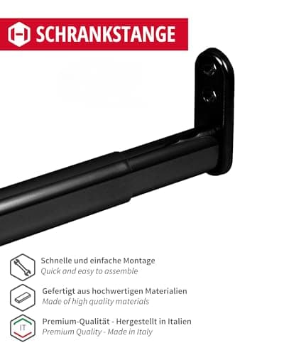 Gedotec Tringle à vêtements extensible | Barre d'armoire en métal télescopique réglable | Longueur 600-900 mm | Acier Noir Mat | Barre télescopique extensible pour garde-robe et niche | 1 Pièce
