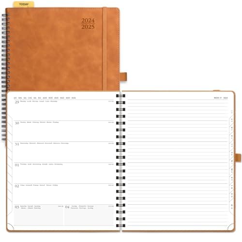 POPRUN Agenda 2025 Semainier D'août 2024 à déc 2025 Scolaire - Couverture Souple à Spirale, Onglets Mensuels, Papier 80 g/m2, Boucle de Stylo Autocollante - Format 26,5 x 21,5 cm, Marron
