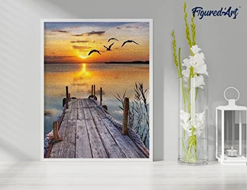 Figured’Art Diamond Painting Broderie Diamant 40x50cm Toile Entière Roulée avec Strass Perles Carrés - Ponton sur Lac - Kit Complet Paysage 5D DIY Activité Manuelle Loisirs Créatifs Adultes