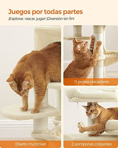 Feandrea Arbre à Chat Hauteur 112 cm, Tour de Jeux pour Chat, avec 11 Poteaux à Griffer, 2 Plateformes, 1 Niche, 1 Hamac, 2 Pompons, en Tissu Peluche, Plusieurs Niveaux, Beige PCT215M01