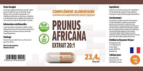 Pygeum Africanum 20000mg Equivalent (100mg d'extrait 20:1) 90 Capsules végétaliennes, Haute résistance, standardisé à 13% de phytostérols, High Strength, Sans Gluten, Sans OGM