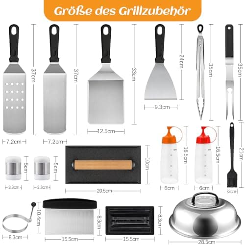 KOIUEYW Ustensiles Plancha, Accessoire Plancha Comprend Smash Burger, Cloche Plancha, Spatule Plancha, Kit Plancha Set Barbecue pour Teppanyaki Barbecue de Gril Camping, 18 Pièces
