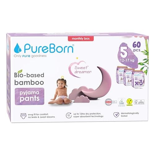 PureBorn Couches-Culottes Pour La Nuit, Taille 5 (12-17 kg), 60 Culottes Bébé, Protection Contre les Fuites Toute la Nuit, Absorption Extra, Confort à sec