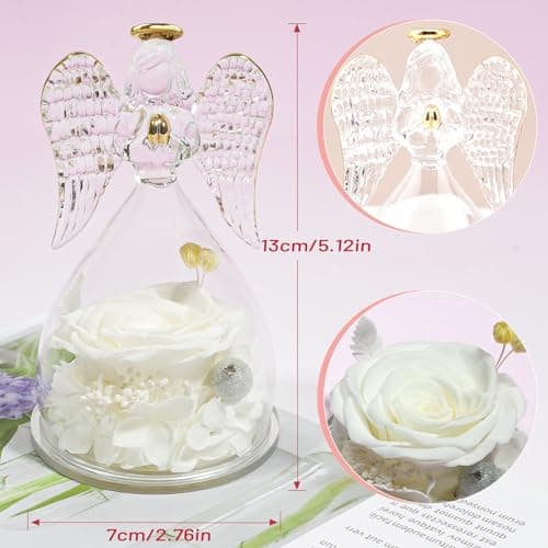 Miofula Figurine d'ange rose éternelle - Cadeau pour femme - Cadeau d'anniversaire pour maman - Fleur éternelle - Dôme en verre - Véritable rose - Cadeau pour mère, grand-mère, petite amie, pour Noël,