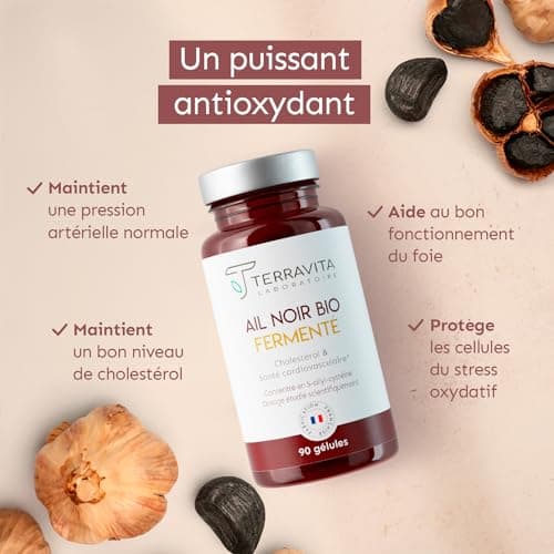 AIL NOIR Fermenté BIO | Extrait titré en S-Allyl-Cystéine | 250 mg par Gélule | Lutte contre les Lipides Sanguins - Santé Cardiaque - Circulation | 90 Gélules sans Goût | Made in France | Terravita