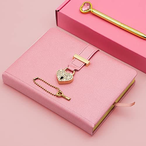 Topzora Journal Intime Fille Cadenas et clé +Stylo Diamant en Forme de Coeur,Carnet Secret,(Rose)