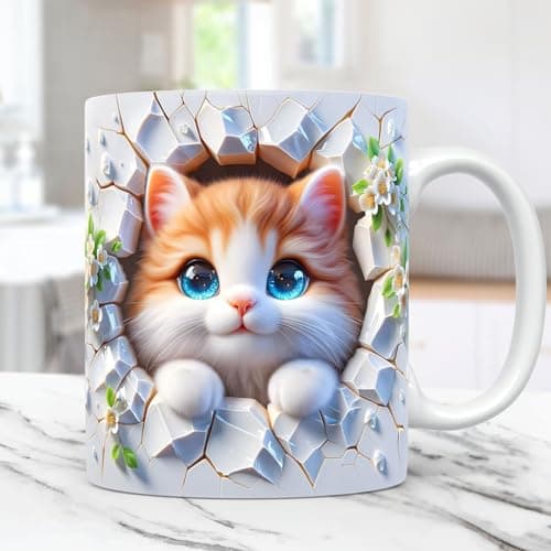 Liemuao Tasse en Céramique 325 ml, Tasse à Café 3D Mug Mignon Chat, Tasse Mug Cadeau Frère Anniversaire Créative Tasse de Chaton 3D pour amies ou à offrir a la famille (B)