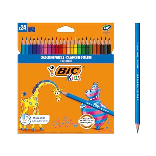 BIC Kids Ecriture Evolution ECOlutions Crayons de Couleur Eco-responsables - Couleurs Assorties, Etui Carton de 24