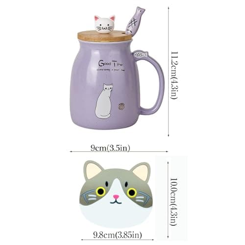 Chat Tasse Jolie tasse à café en céramique avec couvercle et cuillère en bois chat kawaii Nouveauté Morning Cup Tasses à thé au lait au café Tasses de chat pour les amoureux des chats Femmes (mauve)