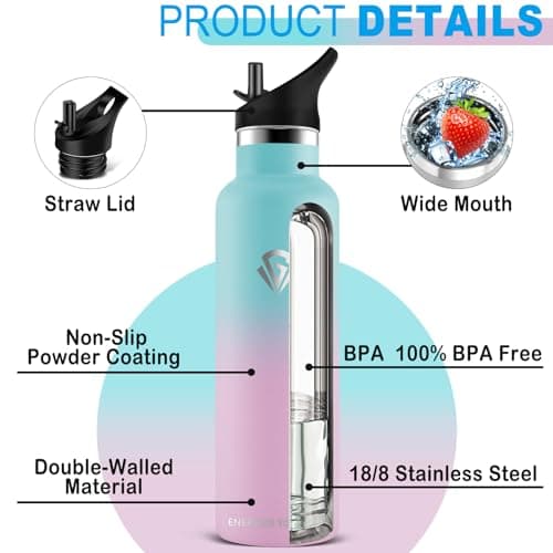Grsta Gourde - Gourde Isotherme 1l - Bouteille Isotherme, Gourde Sport sans BPA, Gourde INOX Reutilisable, Gourde avec Paille pour école, Gym, Bureau