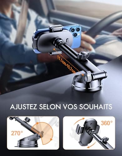 Mohard Support Telephone Voiture, [Jamais de Chute] Ultra Robuste Pied Telephone Voiture Orientable à 360°, Attache Téléphone Voiture Ventouse Compatible avec iPhone 17/16/15 & Autres 4-7" Smartphones