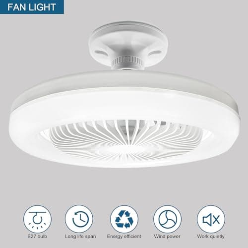oxylops Ventilateurs Plafond avec Lumière, 10"" Lampe E27 Ventilateurs De Plafond Fermés Silencieux 30W, Ventilateur Mural Portable Enfichable avec Lumière Blanche pour Chambre Salon, FYD-0770