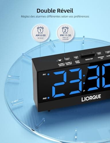LIORQUE Radio Reveil Projection Plafond, Reveil Projecteur Plafond avec Double Alarme, Radio Réveil avec Grand Écran, Snooze, Réglage de Luminosité Infini, 2 Ports de Chargement USB