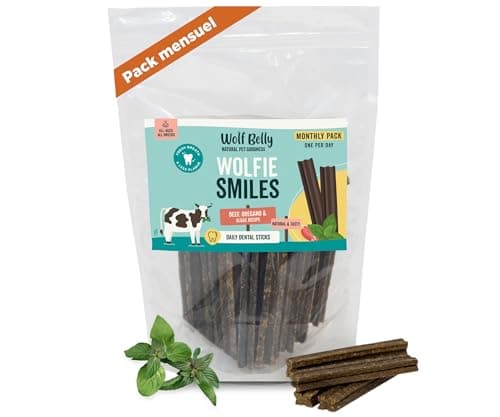 Wolf Belly - Friandises pour Chien Naturel (28 unités) 89% Bœuf et Origan sans Céréales | Hygiène Bucco-Dentaire & Haleine Fraîche | Stick Chien Riche en Protéines | Goût Irrésistible