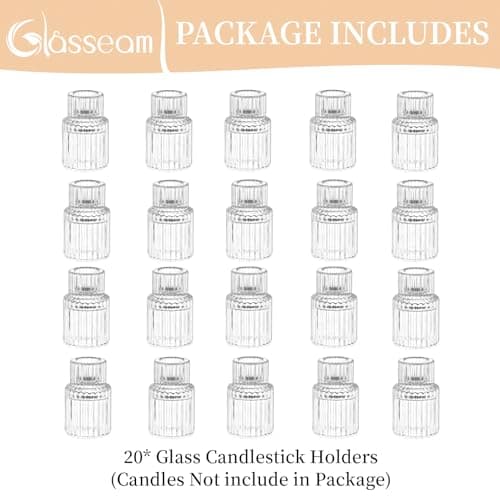 Glasseam Bougeoirs en Verre Transparent, Lot de 20 Bougeoirs en Cristal Strié pour Bougies, Bougeoir De NoëL Chic pour Table à Manger, DéCorations De Mariage Et De FêTe.