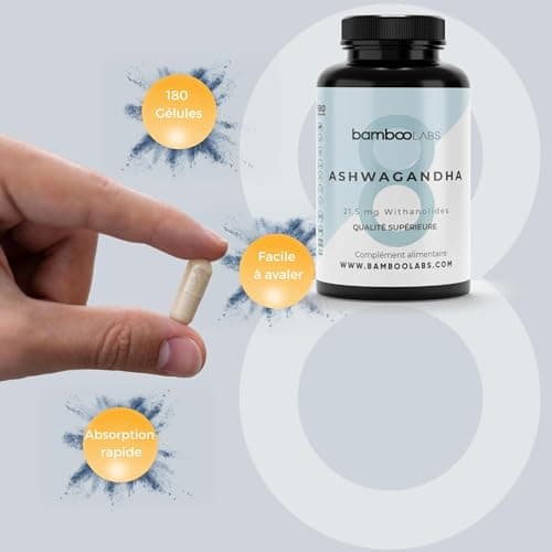 Bamboo Labs - Ashwagandha avec Extrait Sec de Withania Somnifera, Favorise l'Apparition du Sommeil, le Bien-être Intellectuel et Physique, 180 Gélules d'Aswaghanda Pendant 6 Mois.