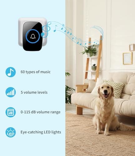 JOFLVA Sonnette Sans Fil,5 Niveaux Volumes 60 Mélodies Au Et Indicateur Led,300M Un Emetteurs Avec Un Récepteur Enfichable,Wireless Doorbell Niveau d'étanchéité IP55 Ensemble de étanche