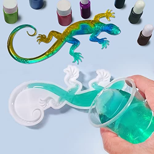 AFUNTA Lot de 4 moules en résine 3D en forme d'animal, moules en résine de silicone pour gecko, hippocampe, lézard, porte-clés en résine époxy avec 10 porte-clés, pour décoration murale, bureau