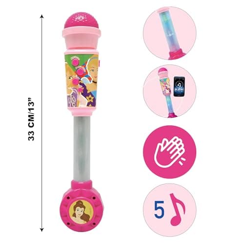Lexibook- Cendrillon, Belle, Raiponce, Princesses Disney, Microphone Enfant, Jouet Musical, Haut-Parleur intégré, Effets Lumineux, Prise Aux-in, MIC90DP, Rose