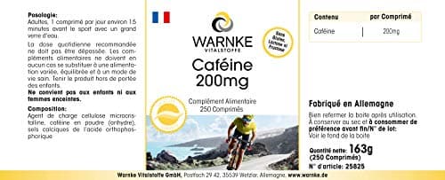 Caféine Comprimés 200mg - Haute Dose - Vegan - 250 Pièces | Warnke Vitalstoffe - Qualité des pharmacies allemandes