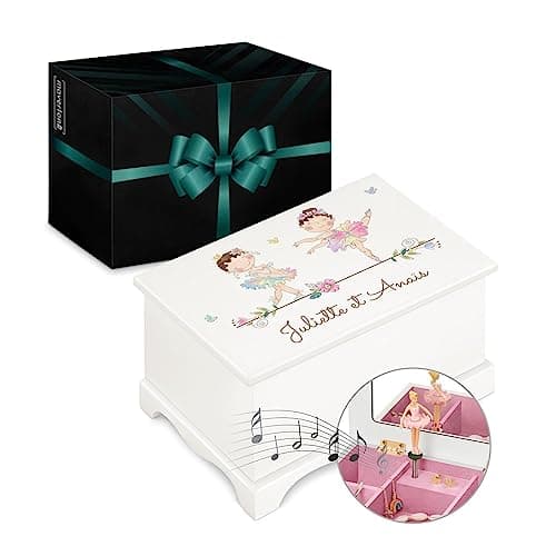 Maverton Boîte à Bijoux Musicale personnalisée avec ballerine - 17x11x9 Coffret à trésors avec impression pour petite fille - pour premier anniversaire - baptême - deco - jumelles