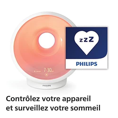 Philips Eveil-lumière et simulateur d'aube connecté, lumière et sons personnalisés, capteur d'environnement AmbiTrack, fonction de relaxation et de respiration, App SleepMapper (Modèle HF3671/01)