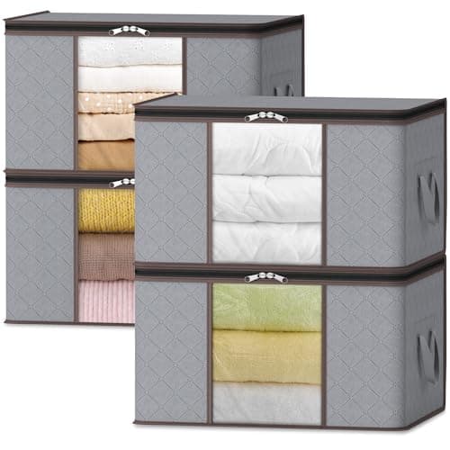 Lifewit Lot de 4 Sac Rangement Vetement 50L, Boite Rangement Pliable avec Poignées Renforcées, Housse de Rangement Couette, Caisse Rangement Sous Lit pour Vêtements, Couvertures, Jouets, Gris Clair