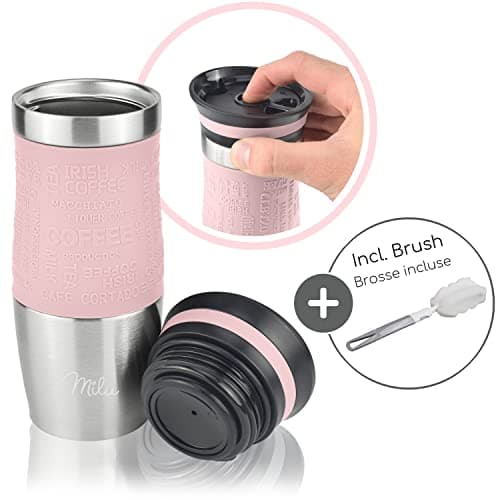 Milu Mug Isotherme Etanche 370ml, 450ml I Thermos Café-Thé I Tasse isolée pour café et thé à emporter, Double Paroi Isolée sous Vide, Acier Inoxydable I Tasse de voyage Chaud & froid (370ml, Rose)
