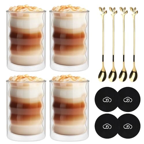 CPROSP 4 * 400ml Tasse à Café Double Paroi, Verre à Double Paroi pour Café Latte avec 4 Cuillère + 4 Sous-Verre, Tasses à Café en Cristal Résistantes à la Chaleur