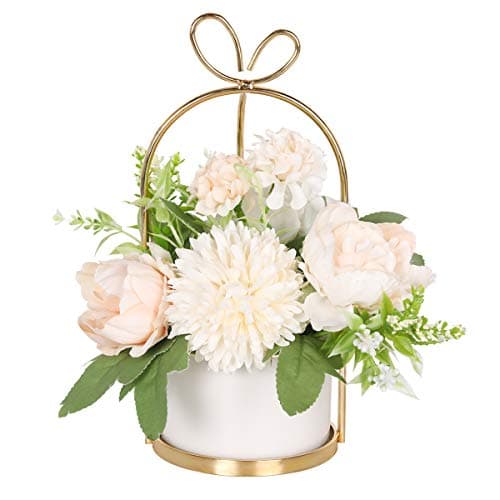 Hobyhoon Fleurs Artificielles avec Vase - Centre de Table Mariage Bouquet Floral d'Hortensia et Chrysanthème pour Décoration de Maison, Salon ou Bureau