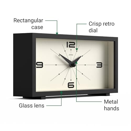 JONES CLOCKS Horloge de Bureau Odeon' - Design rectangulaire Moderne en Noir, Look rétro élégant pour étagère, Table, cheminée ou Chevet
