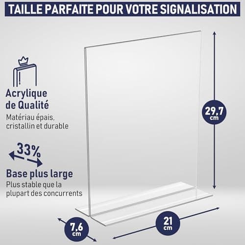 Porte Document A4 en Acrylique – Présentoir de comptoir en T double face, chargement par le bas, base extra large. Idéal pour menus, cadres photo, bureaux, écoles, salles de classe (A4 – Lot de 3)