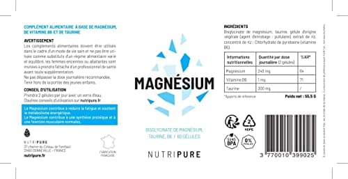 Nutripure | Magnésium Bisglycinate + Taurine & Vitamine B6 | Haute Absorption & Concentration | Anti-Fatigue | 100% Vegan | 60 gélules végétales | Cure de 1 mois | Made in France