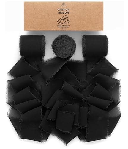 Vitalizart Ruban en Mousseline de Soie Noir, Fait Main avec Franges, Total 3,8 cm x 19,2 m, Ruban Effiloché pour Invitations de Mariage, Bouquets de Mariée, Cadeaux Emballages, Bricolage