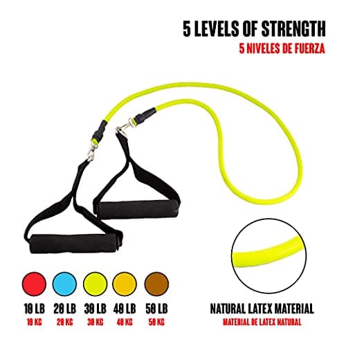 Bandes de résistance élastique CalmaDragon, Ensemble de Musculation, 5 Tubes en Latex, avec Sac Inclus, avec poignées, Sangles de Cheville et ancrage de Porte, Cordes de Fitness, Yoga