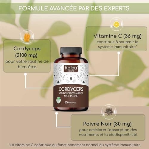 Cordyceps Sinensis CS-4-21000mg de Cordyceps par dose quotidienne (Extrait 10:1) - 40% de Polysaccharides Bioactifs - 200 Capsules: Haute Dose, Végan & sans additifs - Produit par Raibu